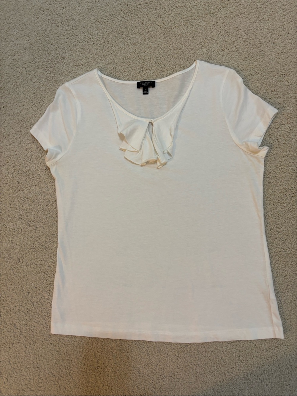 Talbots White Short Sleeve Ruffle Neck Tee